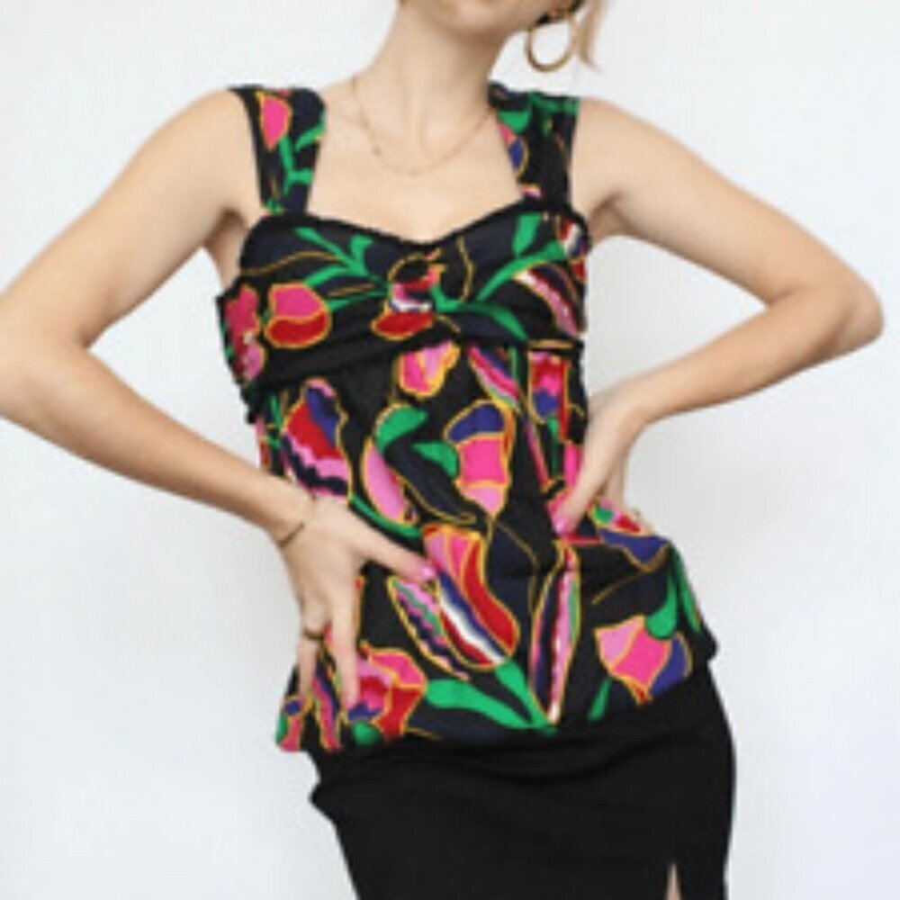 MARC JACOBS Black Pink Floral 100% Silk Y2K Babydoll Lightweight Tank Top Size 8